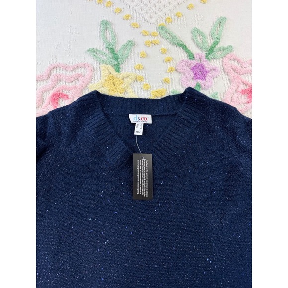 Denim & Co Navy Blue Sequin Shimmer V-Neck Knit Sweater Womens M  NWT A670650 - Picture 3 of 9